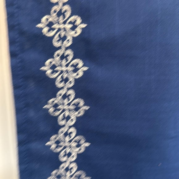 Blue Linen Table Runner with White Embroidered Floral Trim - Picture 3 of 4